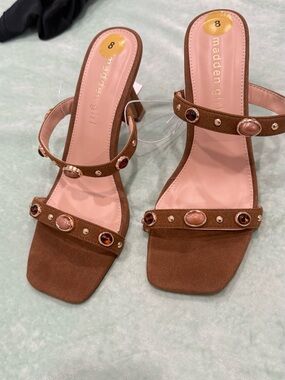 Madden Girl Brown Jeweled Strappy Block Heel Sandals